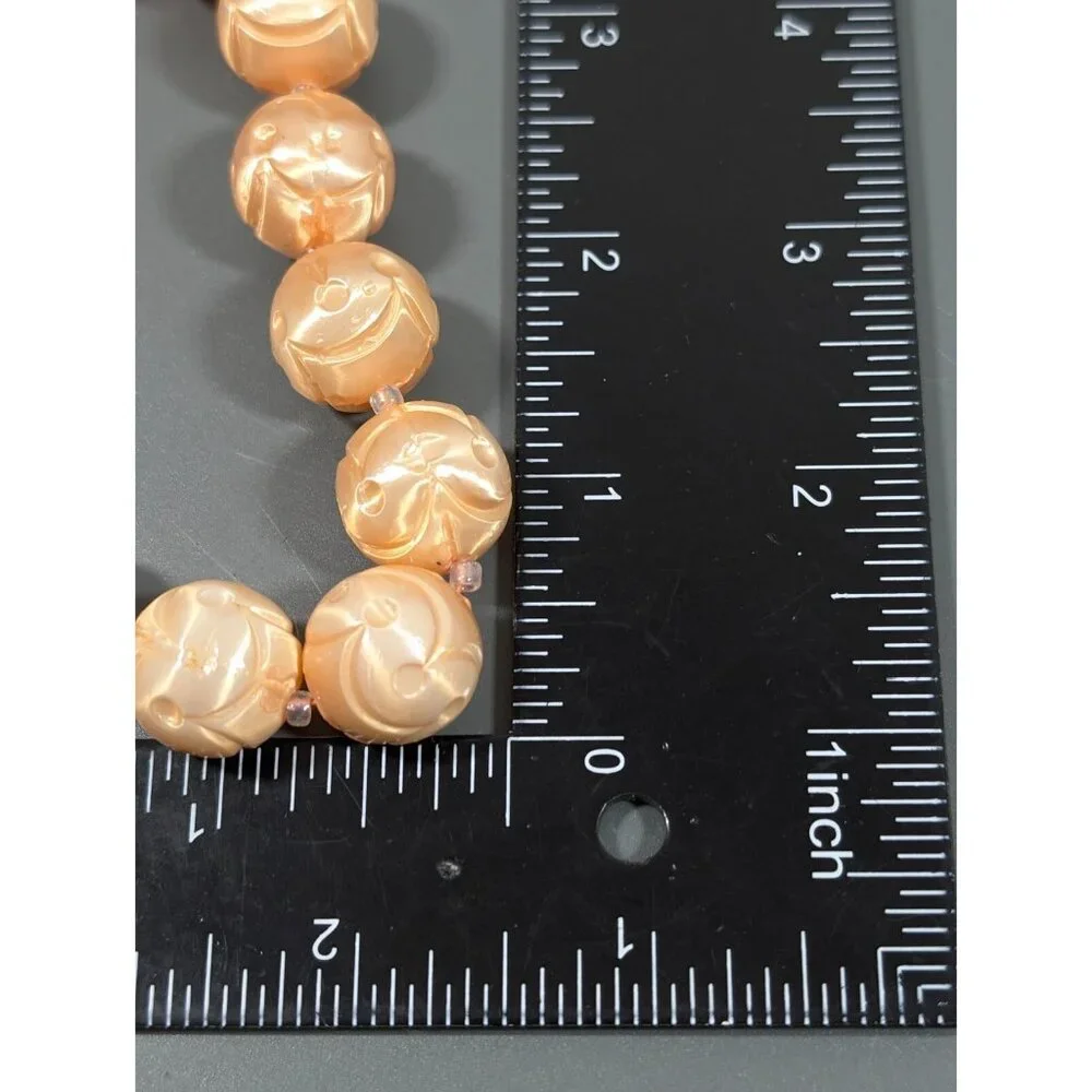 VTG Japan‎ Peach Carved Style Plastic Pearlized Round Bead Necklace Chunky Mid